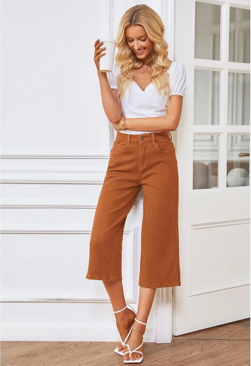 GRAPENT Jean Capris for Women Wide Leg Jeans High Waisted Crop Denim Capri Pants Stretchy Baggy