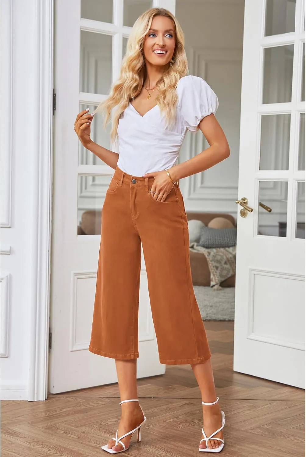 GRAPENT Jean Capris for Women Wide Leg Jeans High Waisted Crop Denim Capri Pants Stretchy Baggy