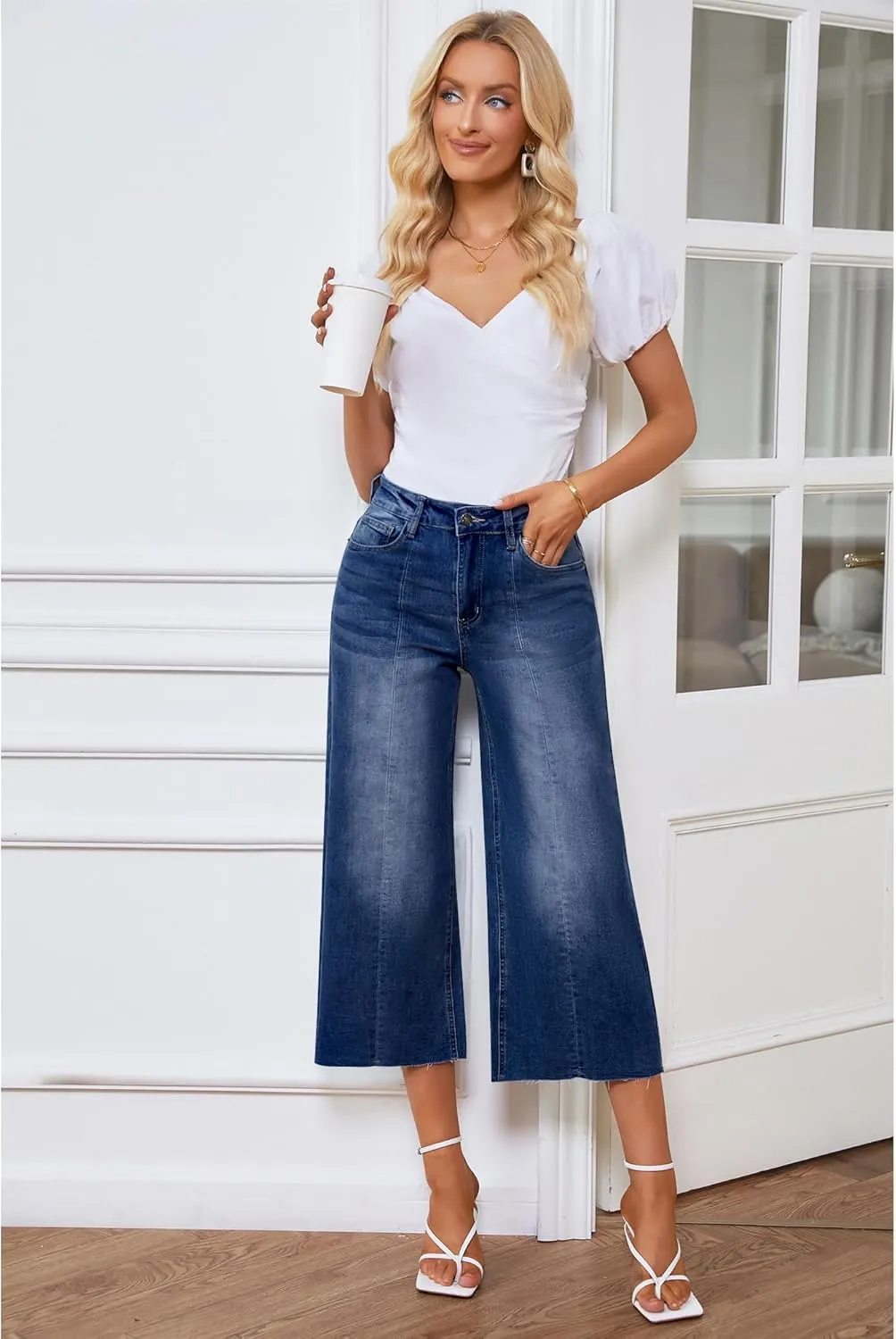 GRAPENT Jean Capris for Women Wide Leg Jeans High Waisted Seamed Front Raw Hem Denim Capri Pants Stretchy