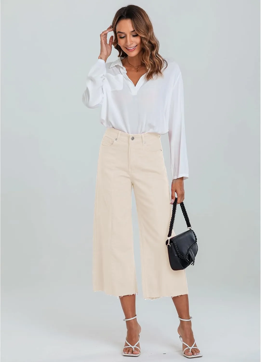 GRAPENT Jean Capris for Women Wide Leg Jeans High Waisted Seamed Front Raw Hem Denim Capri Pants Stretchy