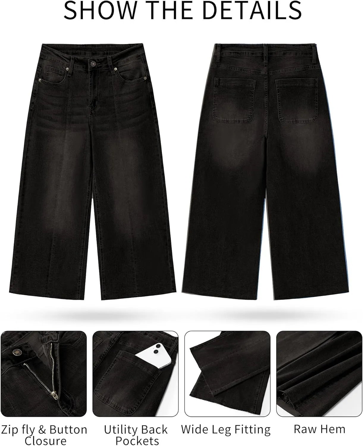 GRAPENT Jean Capris for Women Wide Leg Jeans High Waisted Seamed Front Raw Hem Denim Capri Pants Stretchy