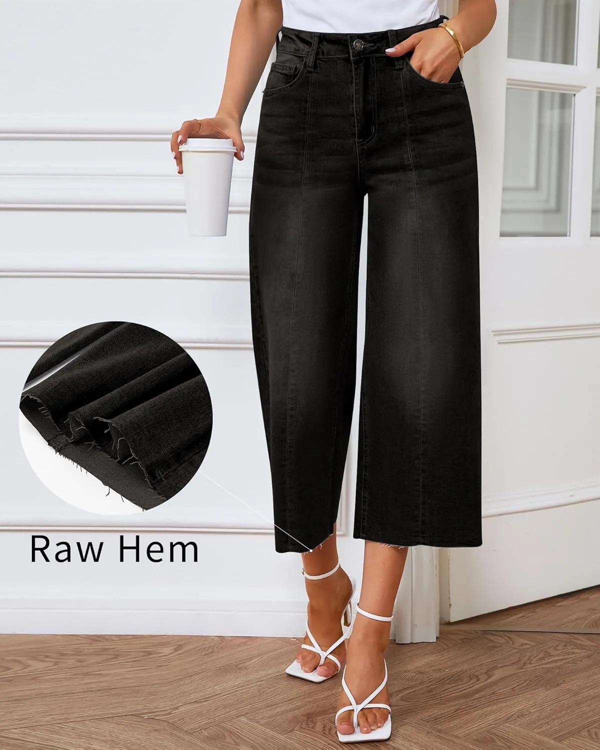 GRAPENT Jean Capris for Women Wide Leg Jeans High Waisted Seamed Front Raw Hem Denim Capri Pants Stretchy