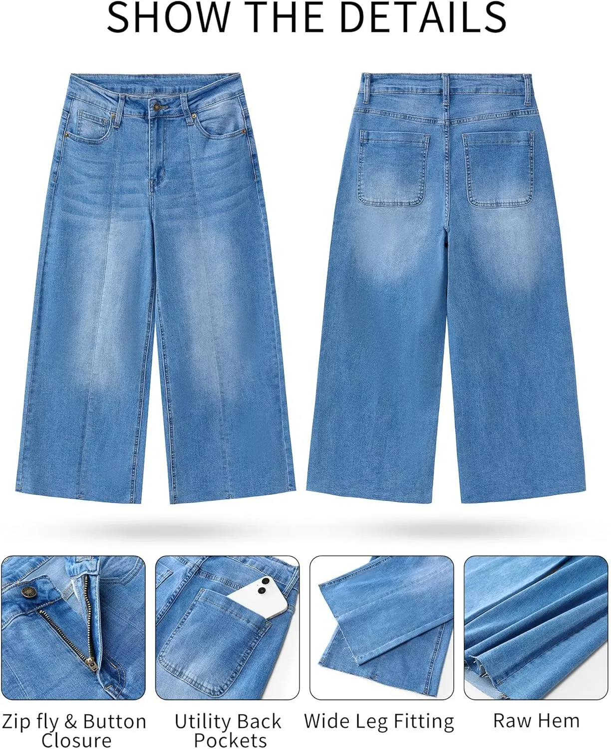 GRAPENT Jean Capris for Women Wide Leg Jeans High Waisted Seamed Front Raw Hem Denim Capri Pants Stretchy