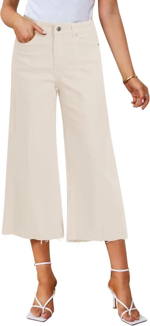 GRAPENT Jean Capris for Women Wide Leg Jeans High Waisted Seamed Front Raw Hem Denim Capri Pants Stretchy