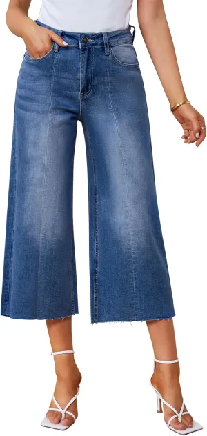 GRAPENT Jean Capris for Women Wide Leg Jeans High Waisted Seamed Front Raw Hem Denim Capri Pants Stretchy