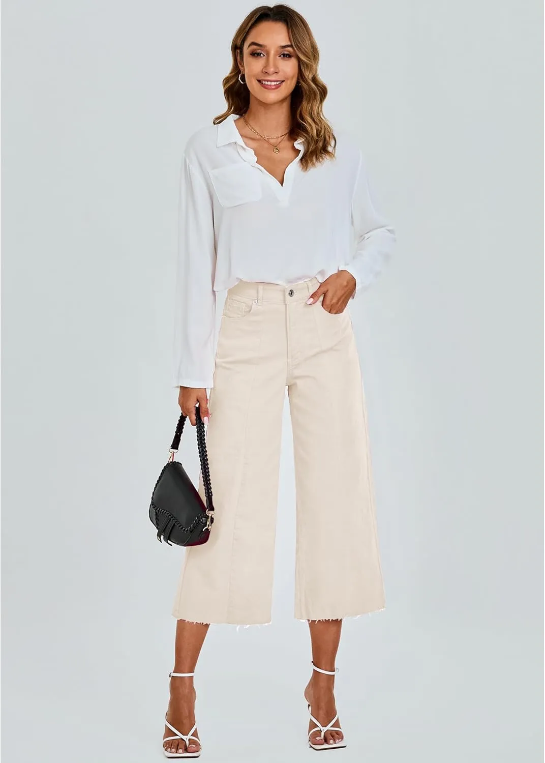 GRAPENT Jean Capris for Women Wide Leg Jeans High Waisted Seamed Front Raw Hem Denim Capri Pants Stretchy