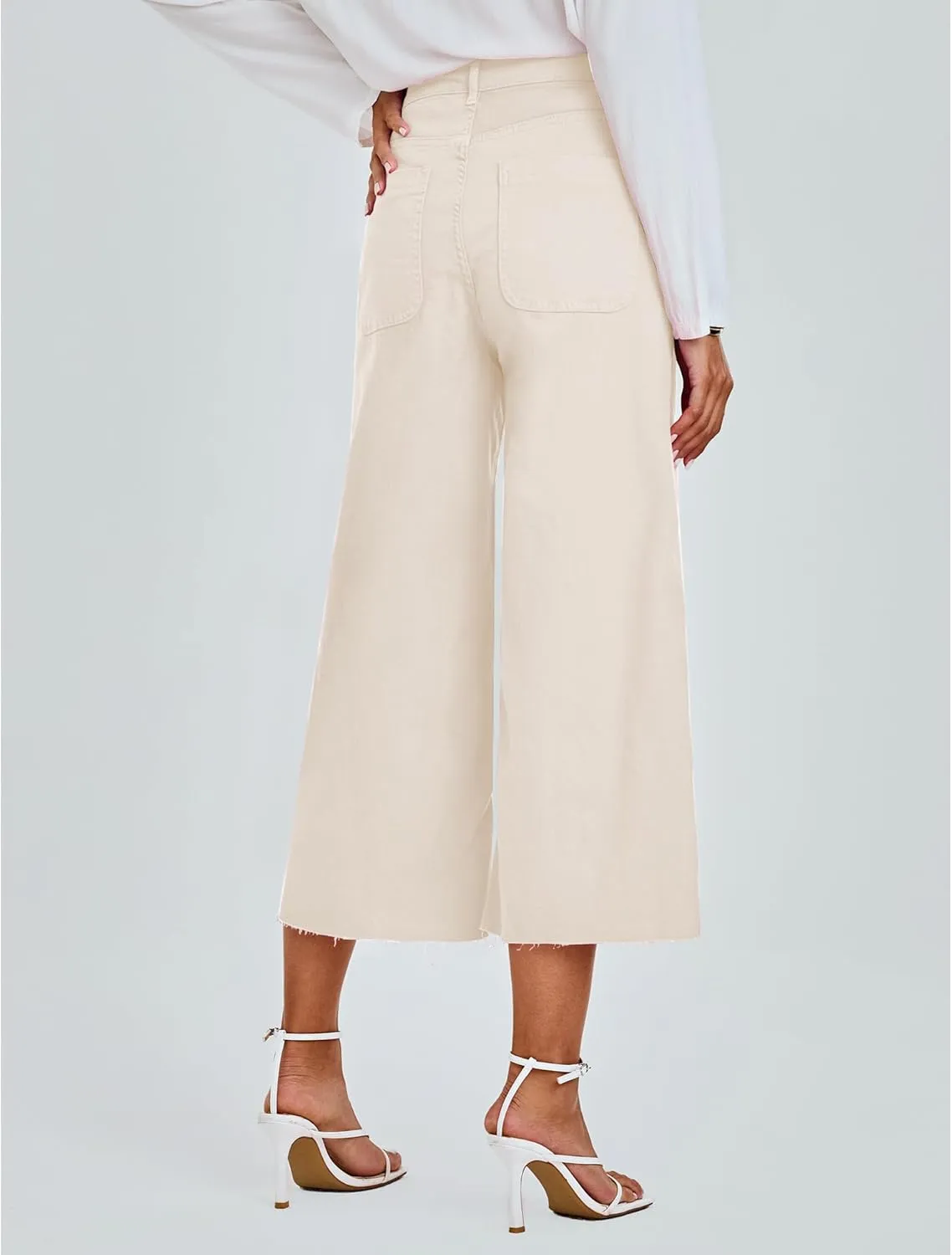 GRAPENT Jean Capris for Women Wide Leg Jeans High Waisted Seamed Front Raw Hem Denim Capri Pants Stretchy