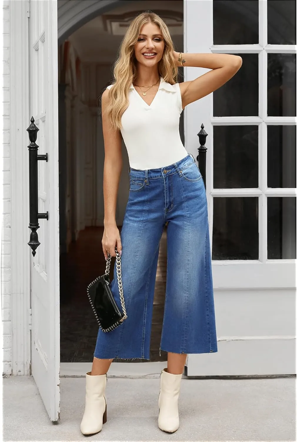 GRAPENT Jean Capris for Women Wide Leg Jeans High Waisted Seamed Front Raw Hem Denim Capri Pants Stretchy