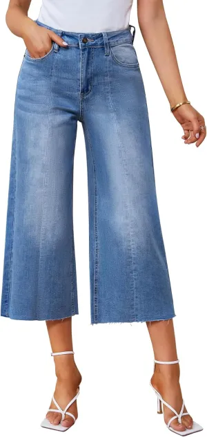 GRAPENT Jean Capris for Women Wide Leg Jeans High Waisted Seamed Front Raw Hem Denim Capri Pants Stretchy