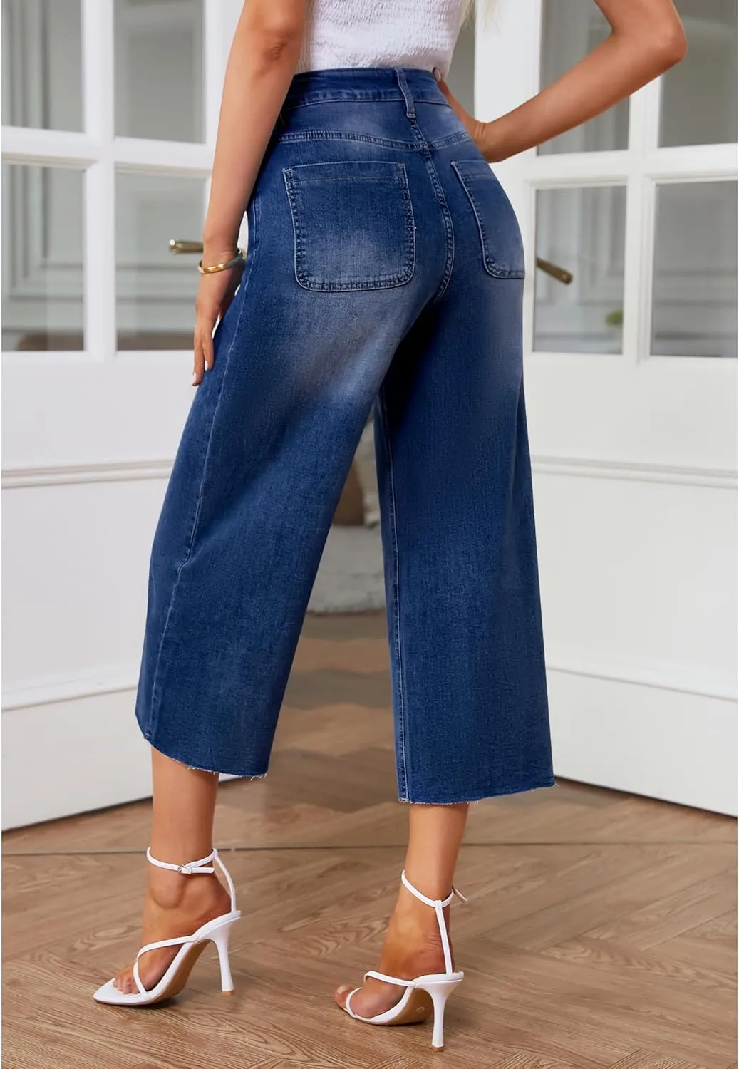 GRAPENT Jean Capris for Women Wide Leg Jeans High Waisted Seamed Front Raw Hem Denim Capri Pants Stretchy