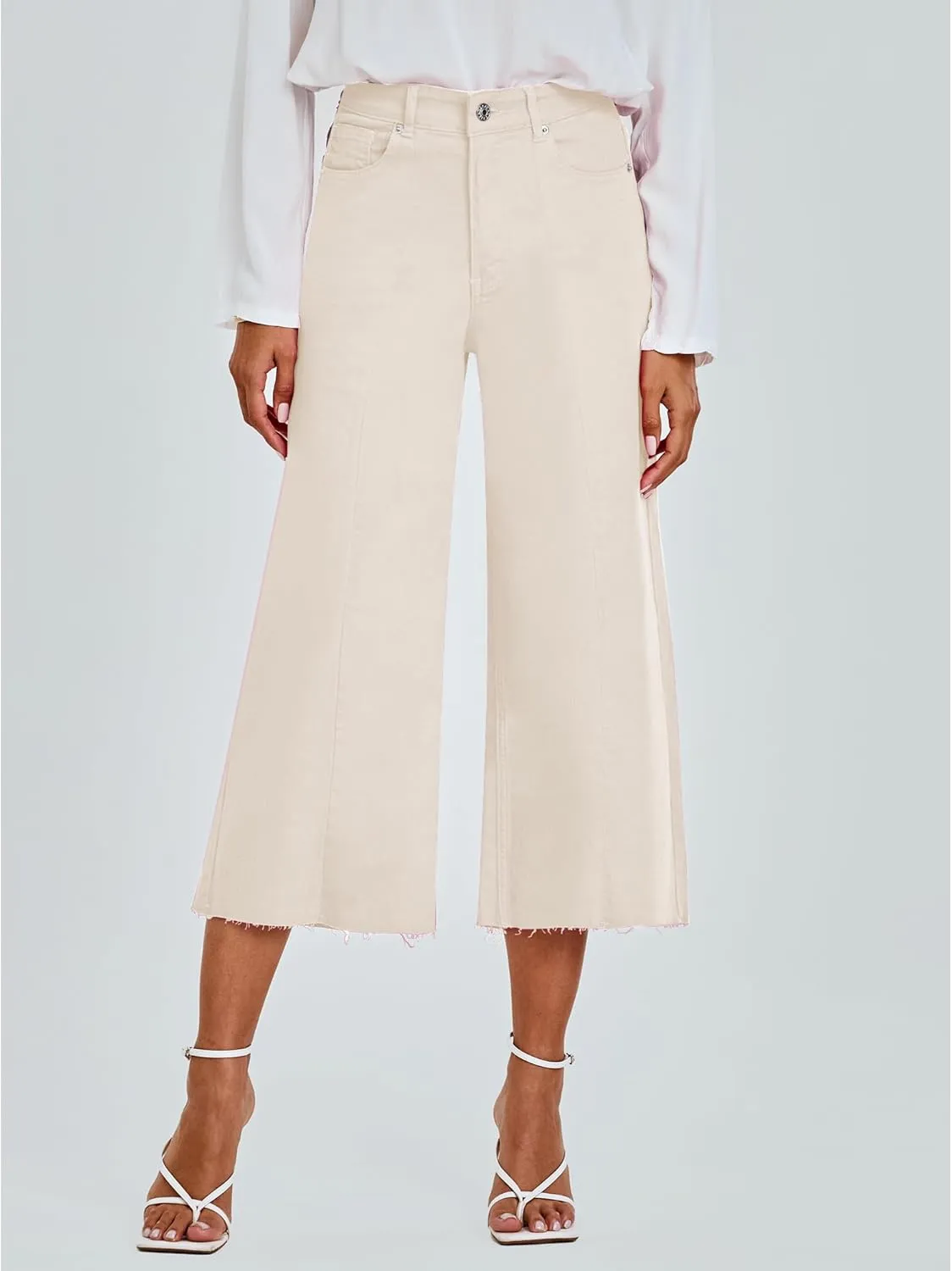GRAPENT Jean Capris for Women Wide Leg Jeans High Waisted Seamed Front Raw Hem Denim Capri Pants Stretchy