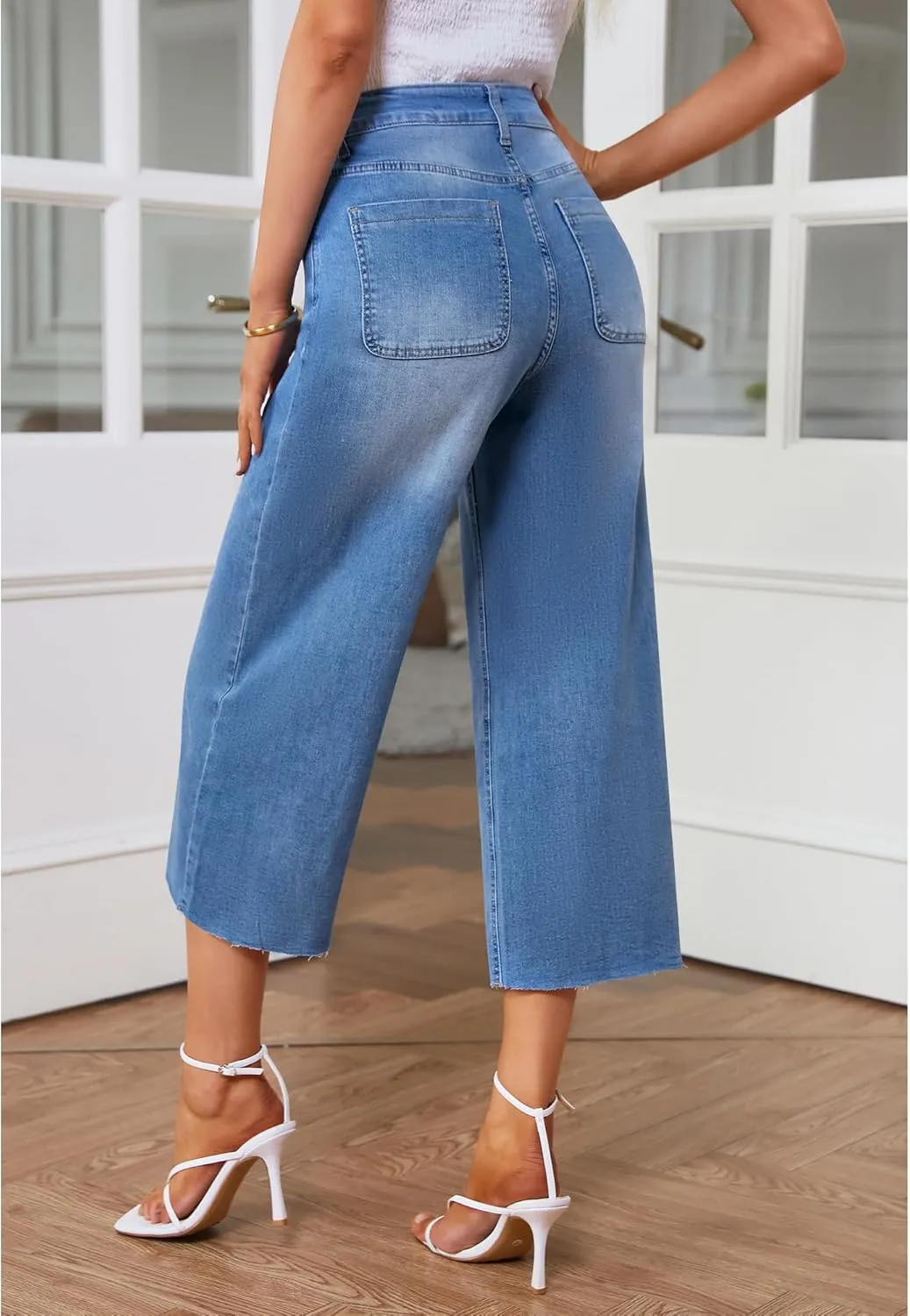 GRAPENT Jean Capris for Women Wide Leg Jeans High Waisted Seamed Front Raw Hem Denim Capri Pants Stretchy