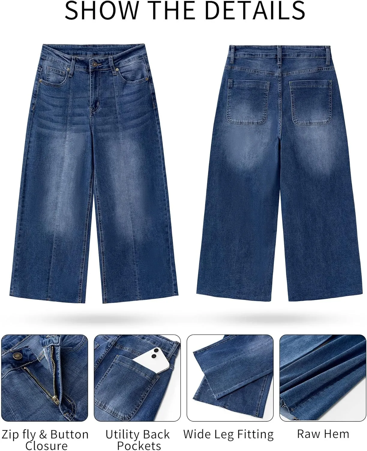 GRAPENT Jean Capris for Women Wide Leg Jeans High Waisted Seamed Front Raw Hem Denim Capri Pants Stretchy