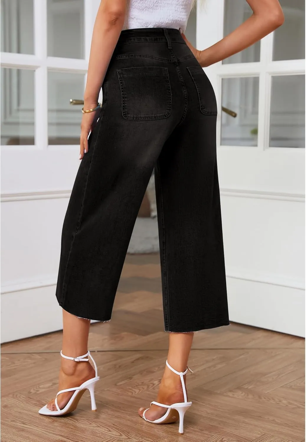 GRAPENT Jean Capris for Women Wide Leg Jeans High Waisted Seamed Front Raw Hem Denim Capri Pants Stretchy