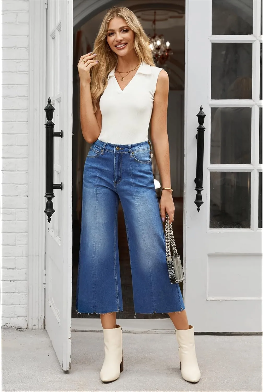 GRAPENT Jean Capris for Women Wide Leg Jeans High Waisted Seamed Front Raw Hem Denim Capri Pants Stretchy