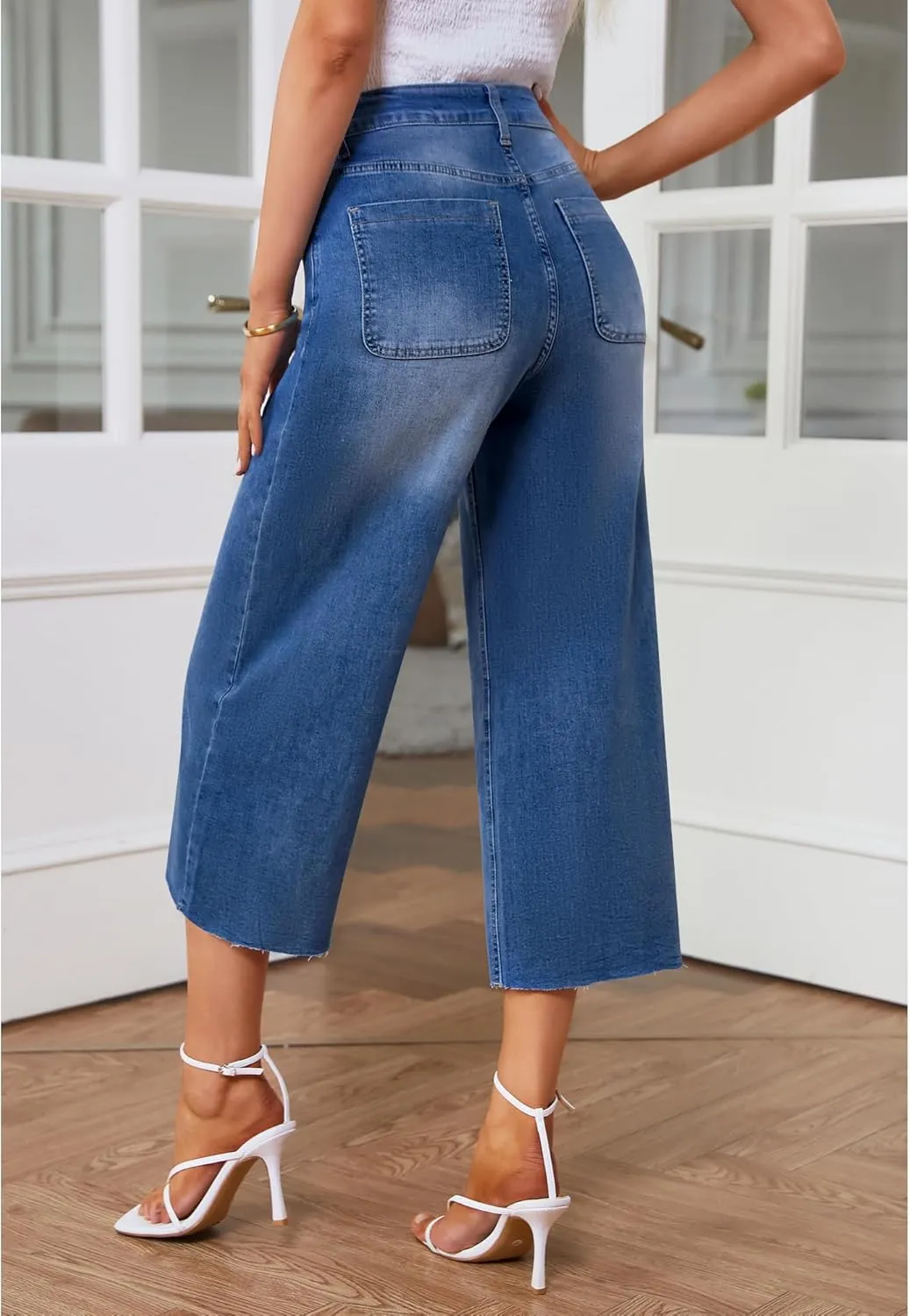 GRAPENT Jean Capris for Women Wide Leg Jeans High Waisted Seamed Front Raw Hem Denim Capri Pants Stretchy