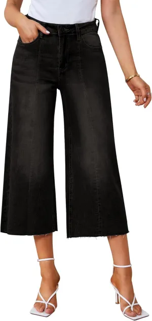 GRAPENT Jean Capris for Women Wide Leg Jeans High Waisted Seamed Front Raw Hem Denim Capri Pants Stretchy