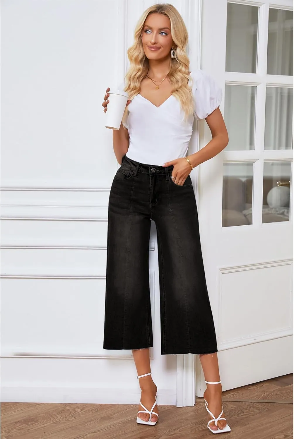 GRAPENT Jean Capris for Women Wide Leg Jeans High Waisted Seamed Front Raw Hem Denim Capri Pants Stretchy