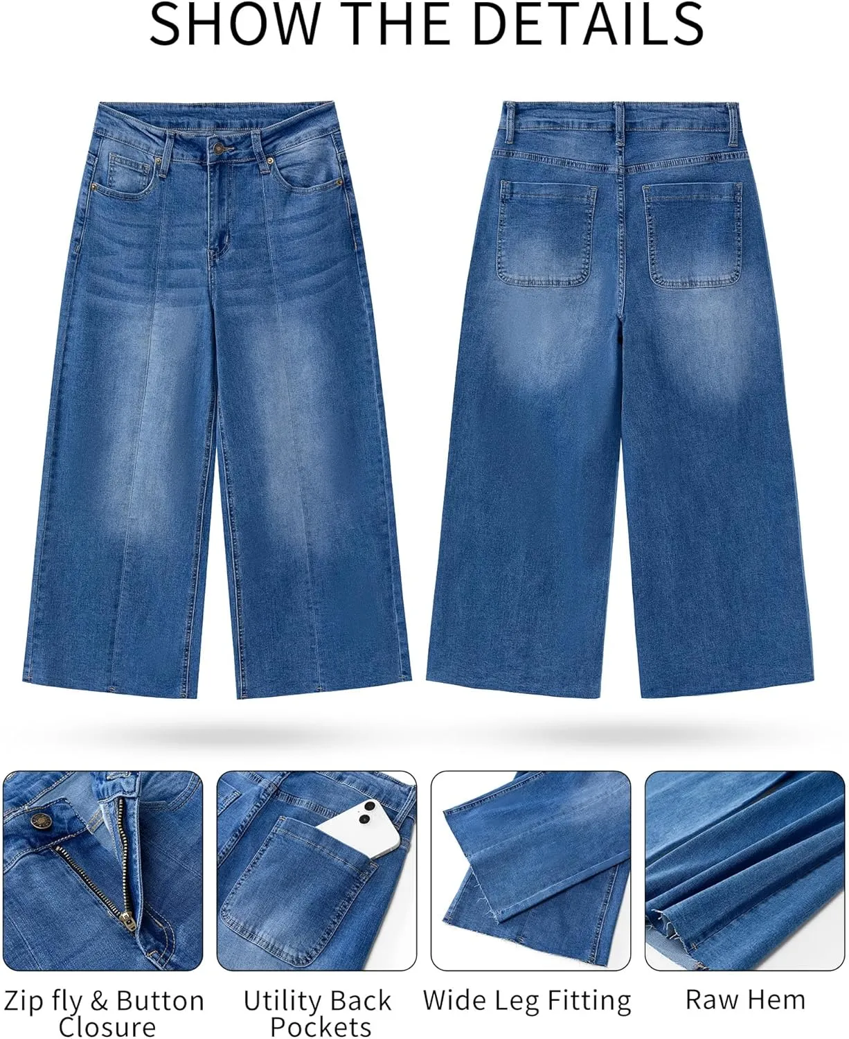 GRAPENT Jean Capris for Women Wide Leg Jeans High Waisted Seamed Front Raw Hem Denim Capri Pants Stretchy