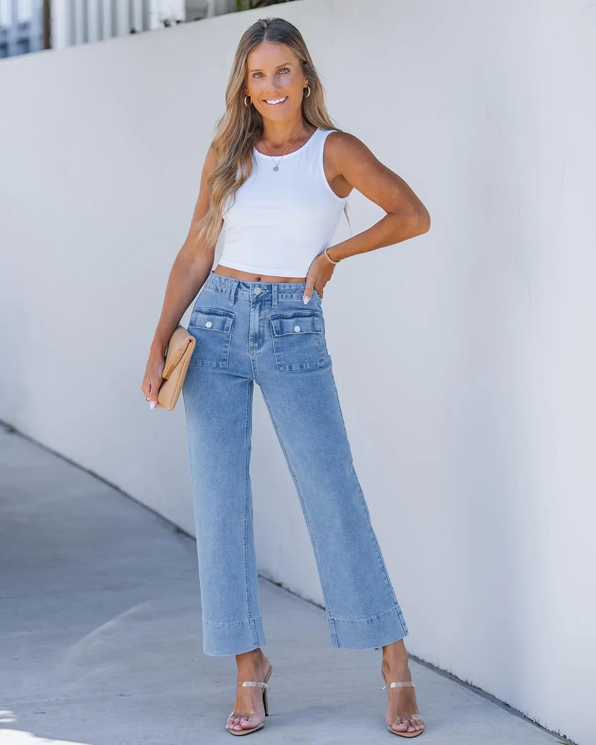 GRAPENT Wide Leg Jeans for Women Trendy High Waisted Straight Leg Cropped Stretchy Denim Pants with Retro Patch Pockets