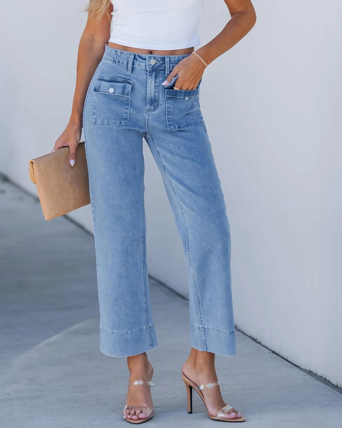 GRAPENT Wide Leg Jeans for Women Trendy High Waisted Straight Leg Cropped Stretchy Denim Pants with Retro Patch Pockets