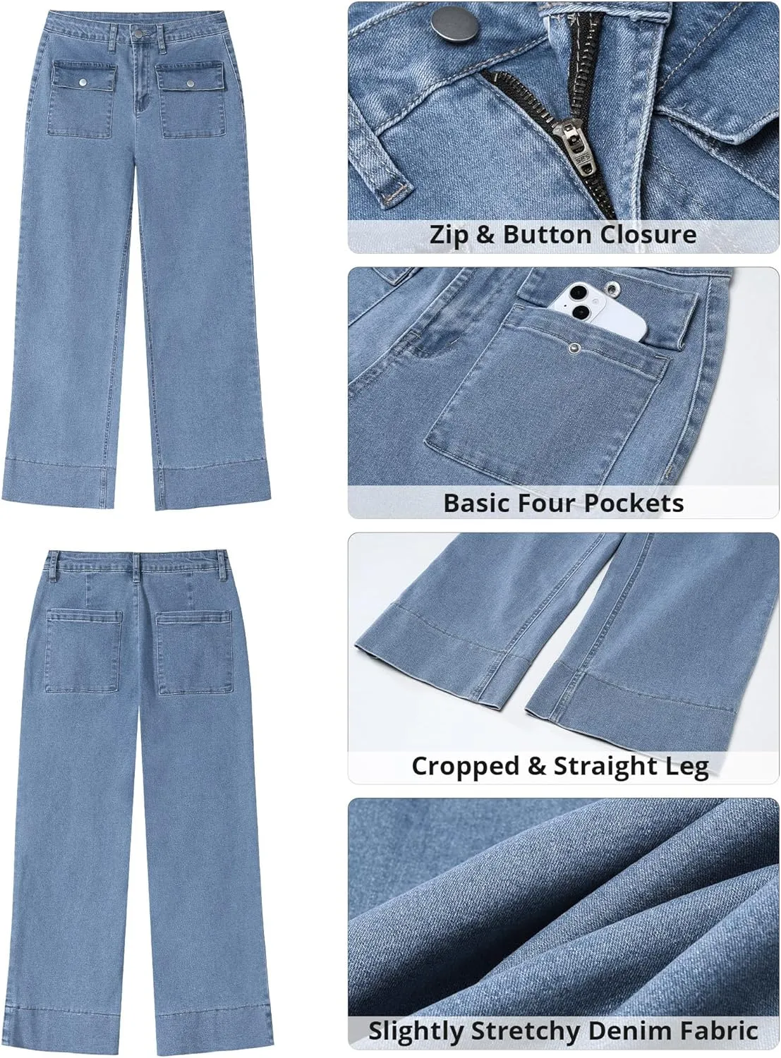 GRAPENT Wide Leg Jeans for Women Trendy High Waisted Straight Leg Cropped Stretchy Denim Pants with Retro Patch Pockets