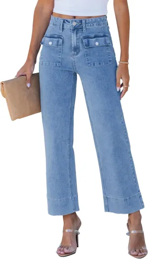 GRAPENT Wide Leg Jeans for Women Trendy High Waisted Straight Leg Cropped Stretchy Denim Pants with Retro Patch Pockets