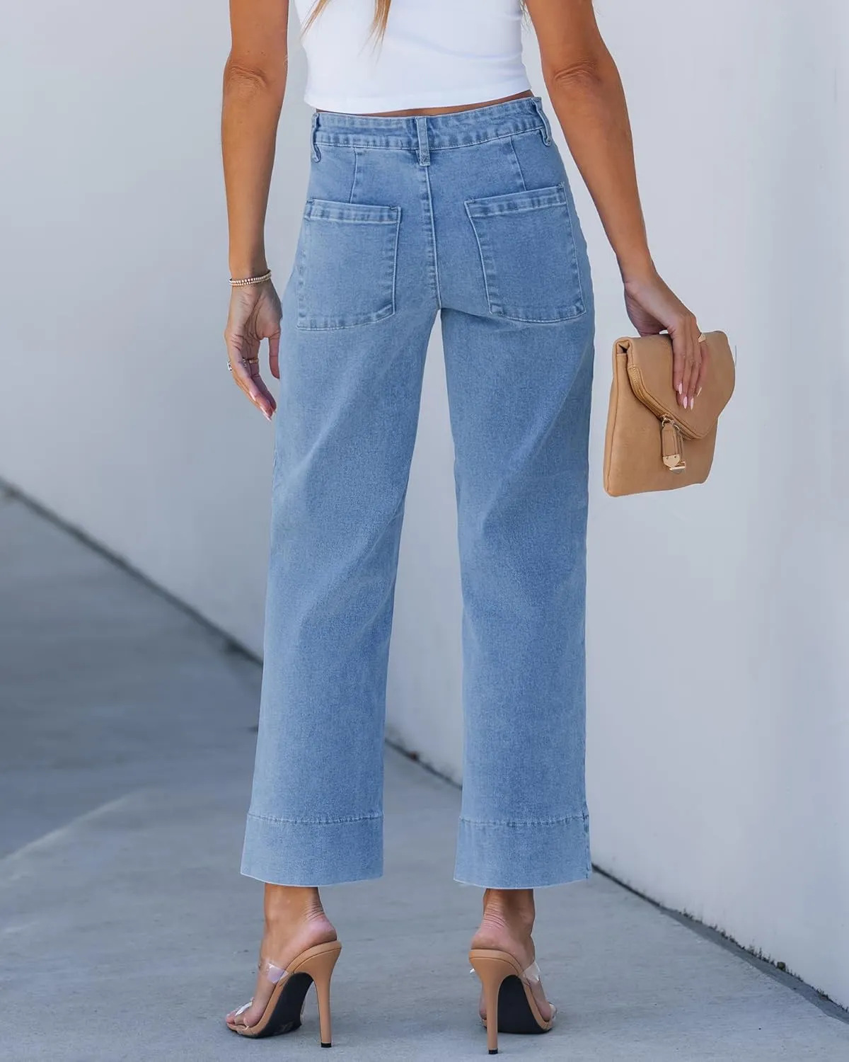 GRAPENT Wide Leg Jeans for Women Trendy High Waisted Straight Leg Cropped Stretchy Denim Pants with Retro Patch Pockets