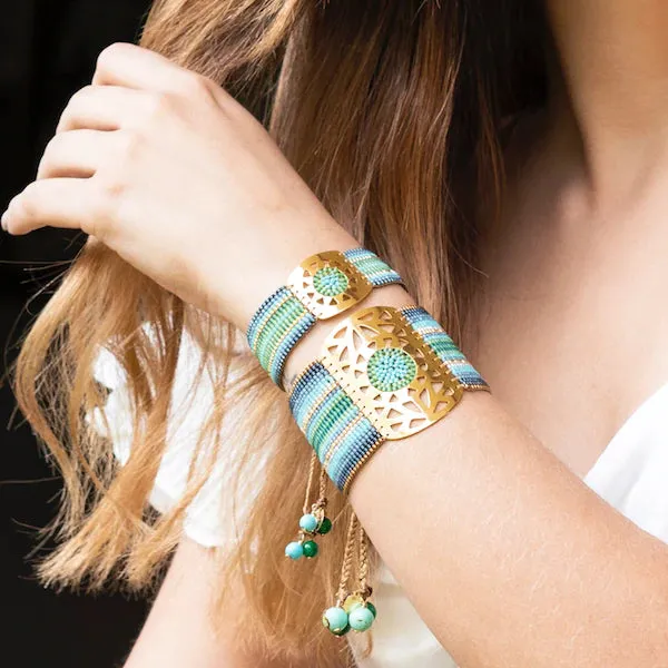 Handmade 18 Kt. Gold-Plated Bead Bracelet Blue Green Alhambra Large by Martha Duran