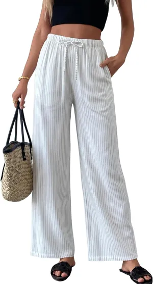heipeiwa Women's Linen Pants Striped Summer Boho Straight Wide Leg Beach Lounge Casual Trousers