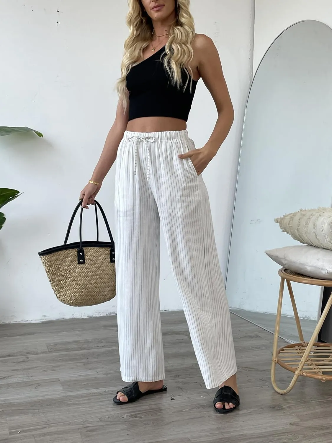 heipeiwa Women's Linen Pants Striped Summer Boho Straight Wide Leg Beach Lounge Casual Trousers
