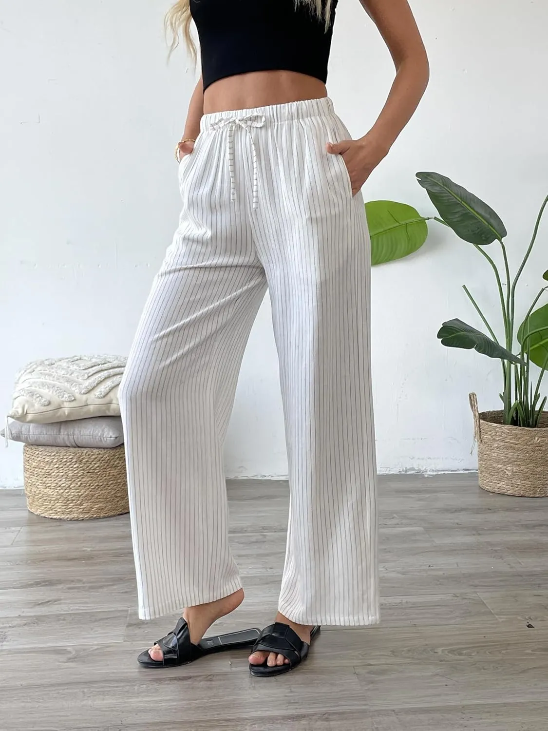 heipeiwa Women's Linen Pants Striped Summer Boho Straight Wide Leg Beach Lounge Casual Trousers