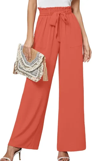 Heymoments Women's Wide Leg Lounge Pants with Pockets Lightweight High Waisted Palazzo Adjustable Tie Knot Flowy Trousers