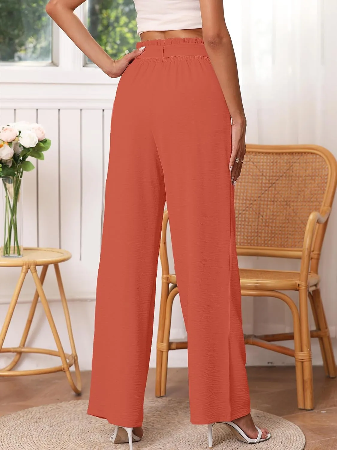 Heymoments Women's Wide Leg Lounge Pants with Pockets Lightweight High Waisted Palazzo Adjustable Tie Knot Flowy Trousers
