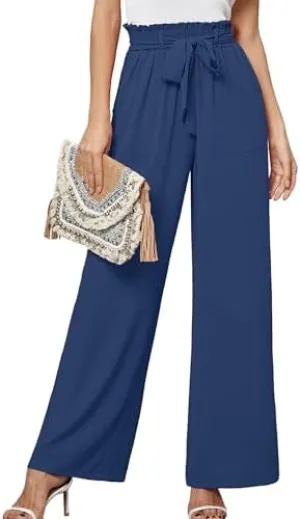 Heymoments Women's Wide Leg Lounge Pants with Pockets Lightweight High Waisted Palazzo Adjustable Tie Knot Flowy Trousers