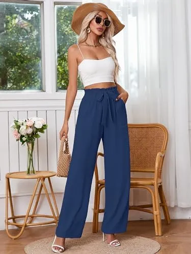 Heymoments Women's Wide Leg Lounge Pants with Pockets Lightweight High Waisted Palazzo Adjustable Tie Knot Flowy Trousers