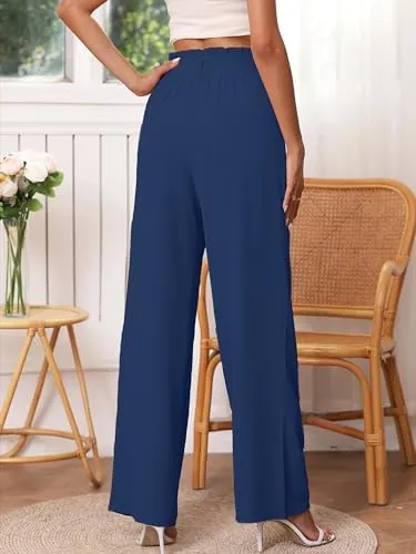 Heymoments Women's Wide Leg Lounge Pants with Pockets Lightweight High Waisted Palazzo Adjustable Tie Knot Flowy Trousers