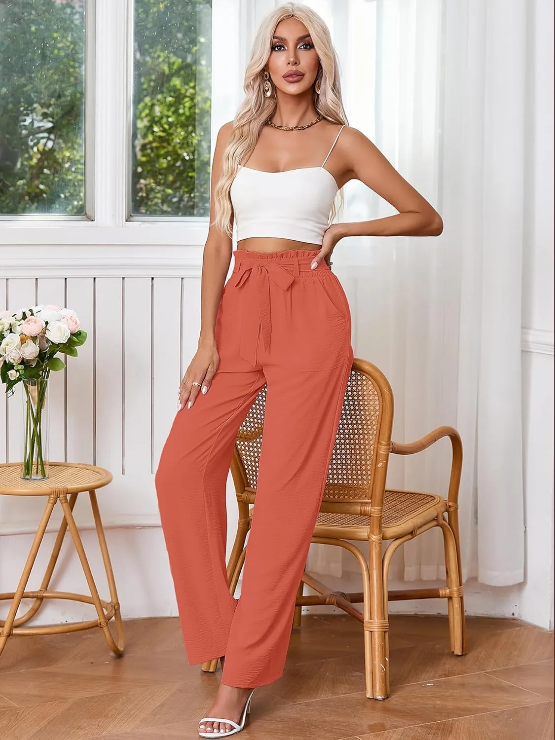 Heymoments Women's Wide Leg Lounge Pants with Pockets Lightweight High Waisted Palazzo Adjustable Tie Knot Flowy Trousers