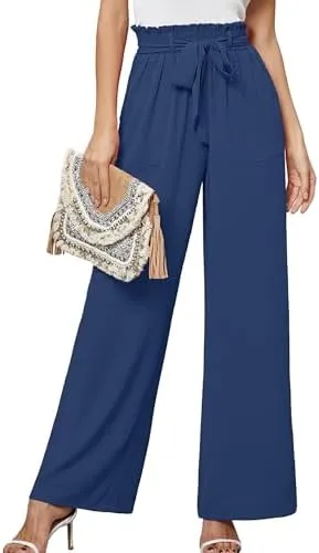 Heymoments Women's Wide Leg Lounge Pants with Pockets Lightweight High Waisted Palazzo Adjustable Tie Knot Flowy Trousers