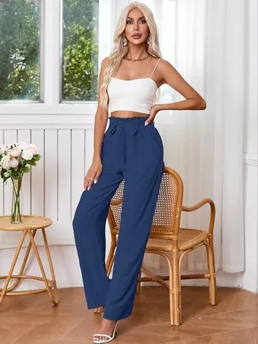 Heymoments Women's Wide Leg Lounge Pants with Pockets Lightweight High Waisted Palazzo Adjustable Tie Knot Flowy Trousers