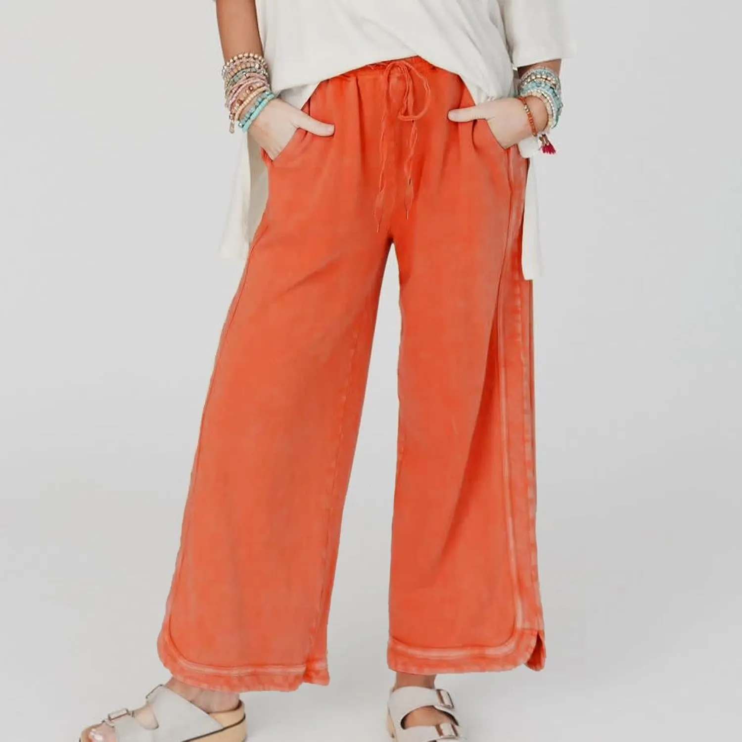 Hixiaohe Women's Casual Wide Leg Sweatpants High Waist Baggy Acid Wash Pants Drawstring Athletic Palazzo Pants with Pockets