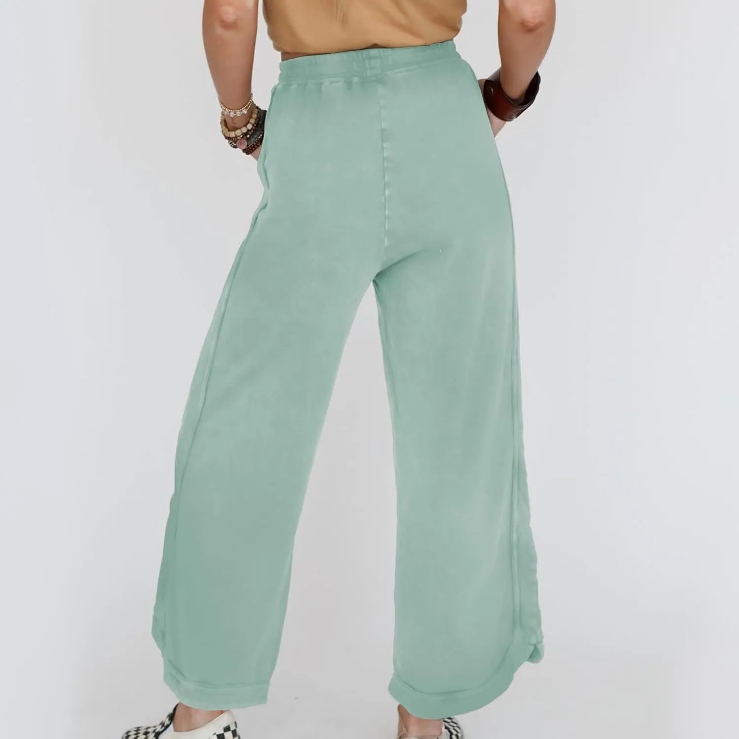 Hixiaohe Women's Casual Wide Leg Sweatpants High Waist Baggy Acid Wash Pants Drawstring Athletic Palazzo Pants with Pockets