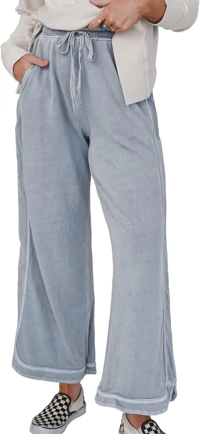 Hixiaohe Women's Casual Wide Leg Sweatpants High Waist Baggy Acid Wash Pants Drawstring Athletic Palazzo Pants with Pockets