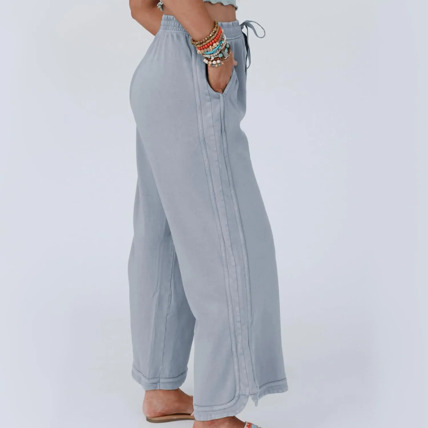 Hixiaohe Women's Casual Wide Leg Sweatpants High Waist Baggy Acid Wash Pants Drawstring Athletic Palazzo Pants with Pockets