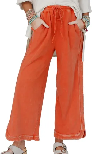 Hixiaohe Women's Casual Wide Leg Sweatpants High Waist Baggy Acid Wash Pants Drawstring Athletic Palazzo Pants with Pockets