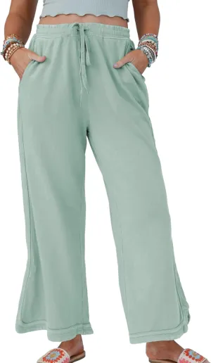 Hixiaohe Women's Casual Wide Leg Sweatpants High Waist Baggy Acid Wash Pants Drawstring Athletic Palazzo Pants with Pockets