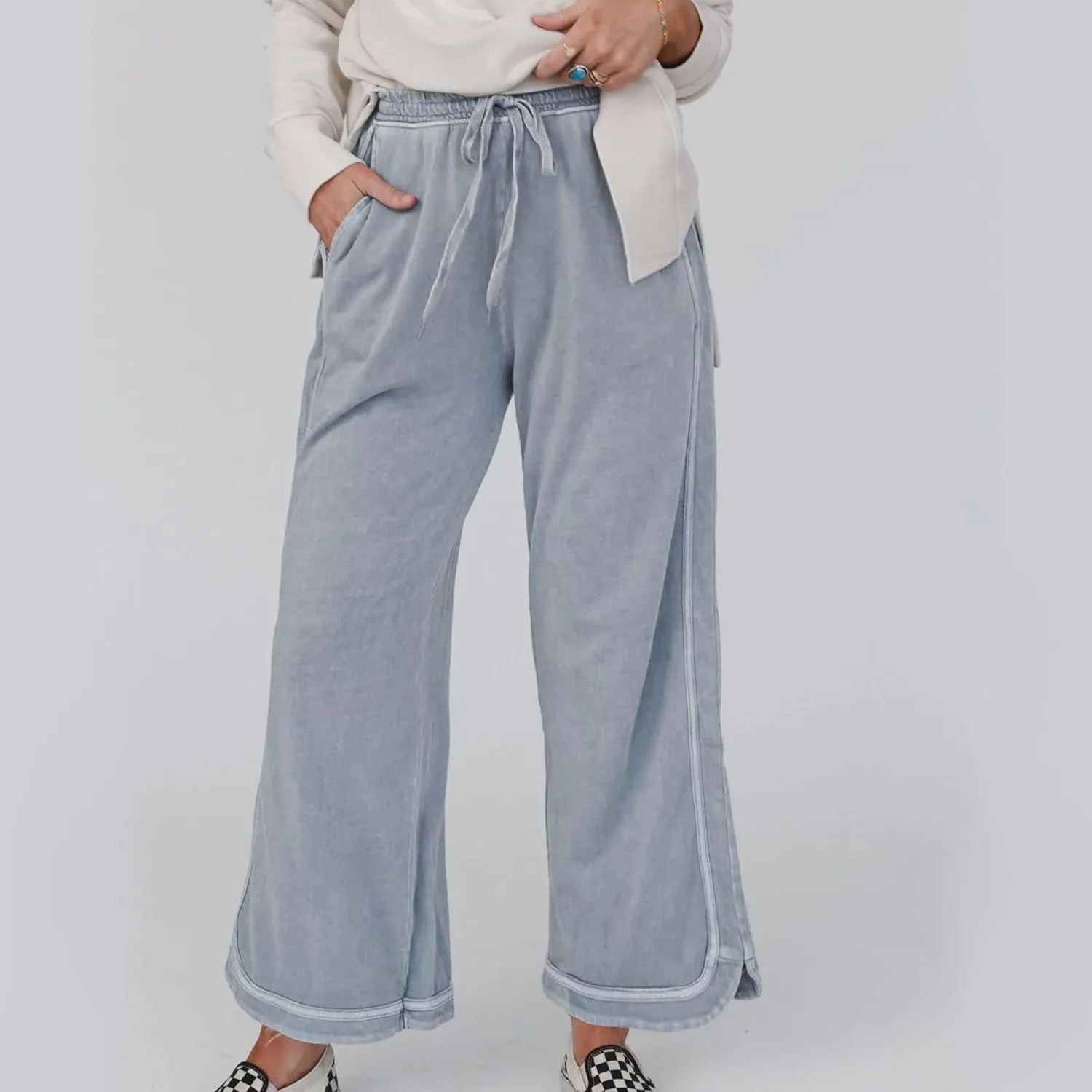 Hixiaohe Women's Casual Wide Leg Sweatpants High Waist Baggy Acid Wash Pants Drawstring Athletic Palazzo Pants with Pockets