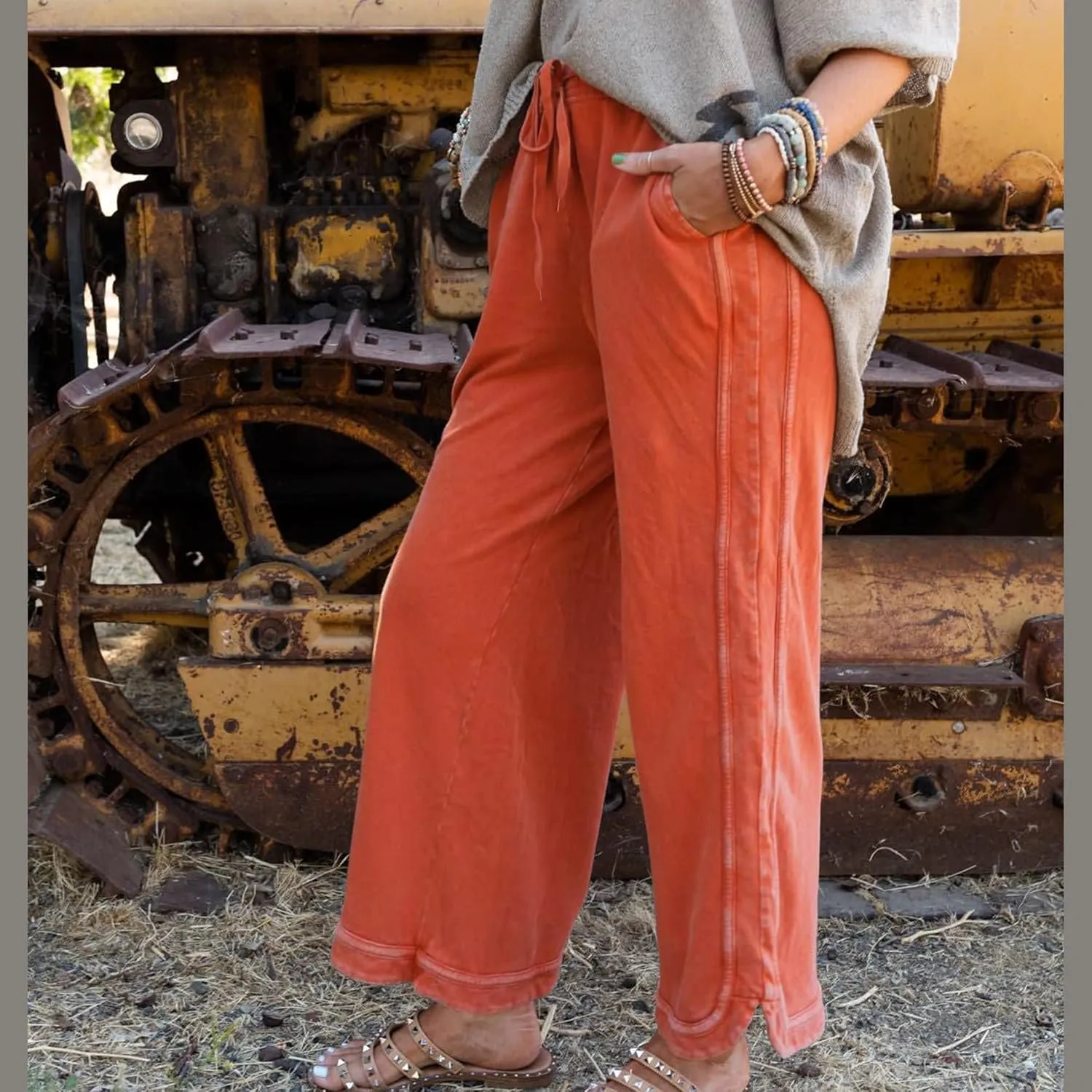 Hixiaohe Women's Casual Wide Leg Sweatpants High Waist Baggy Acid Wash Pants Drawstring Athletic Palazzo Pants with Pockets