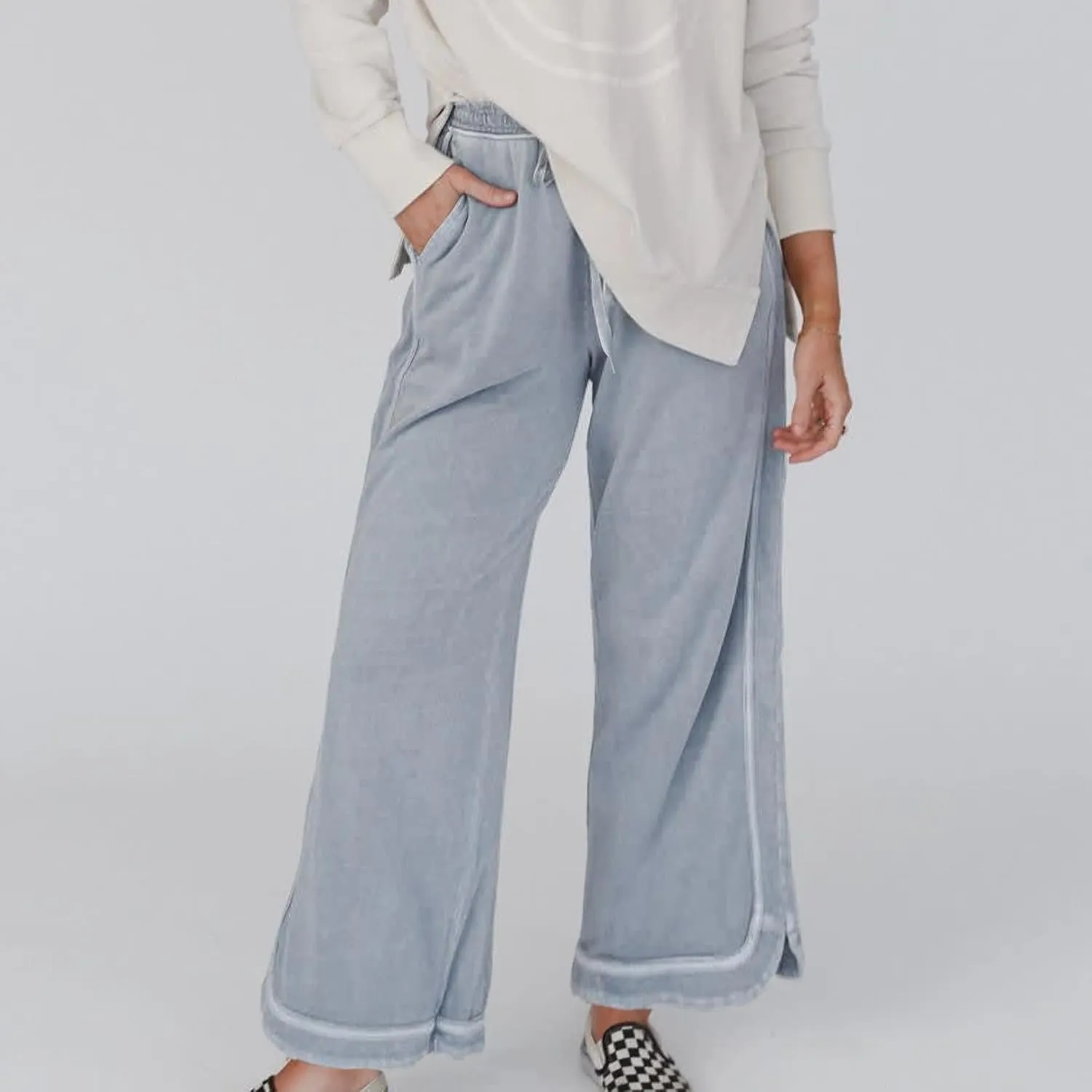 Hixiaohe Women's Casual Wide Leg Sweatpants High Waist Baggy Acid Wash Pants Drawstring Athletic Palazzo Pants with Pockets