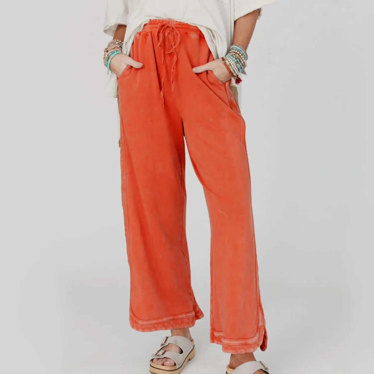 Hixiaohe Women's Casual Wide Leg Sweatpants High Waist Baggy Acid Wash Pants Drawstring Athletic Palazzo Pants with Pockets